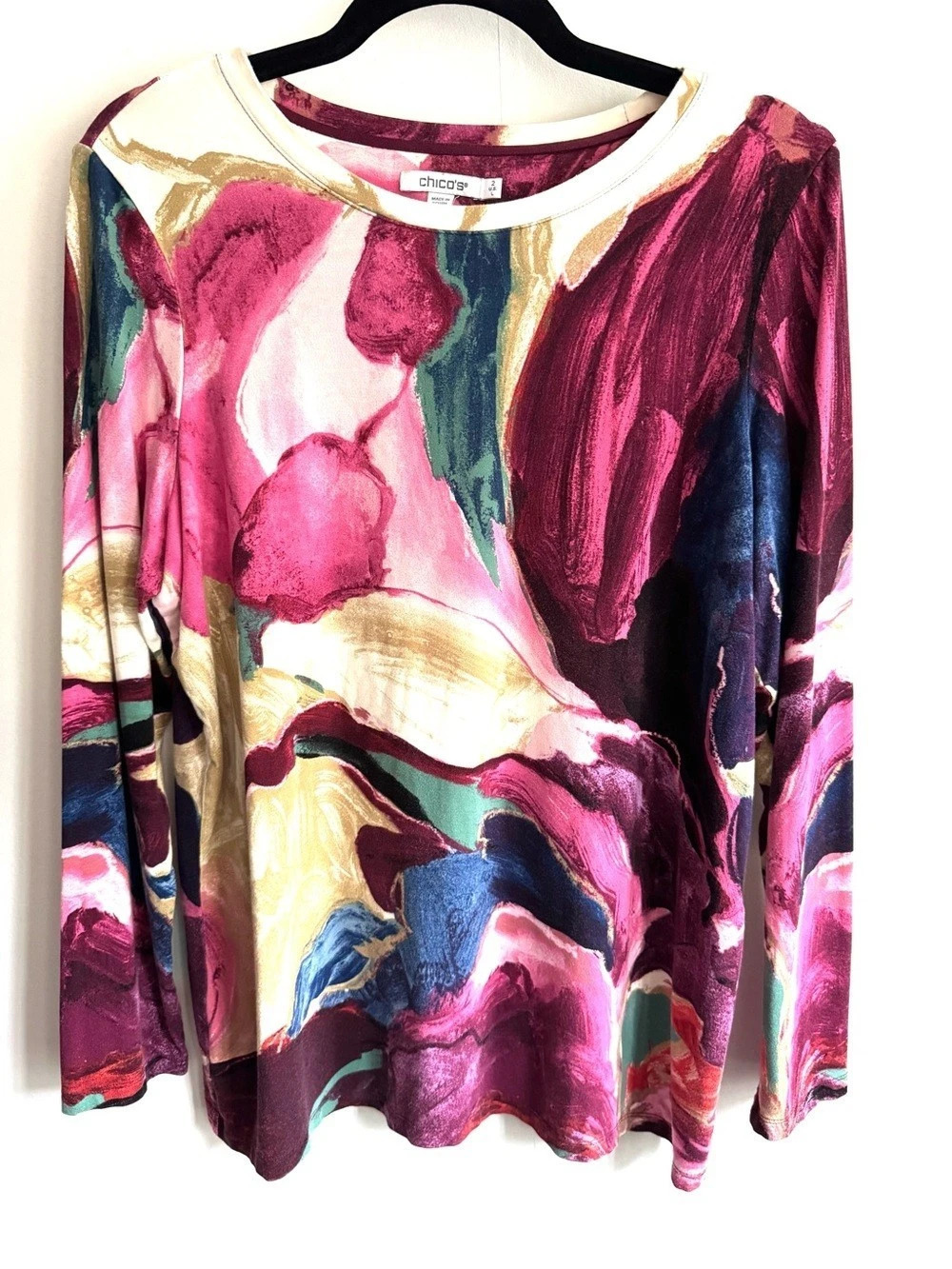 Chico's Abstract Watercolor Long Sleeve Top in Pink Size 2 (L) Like New